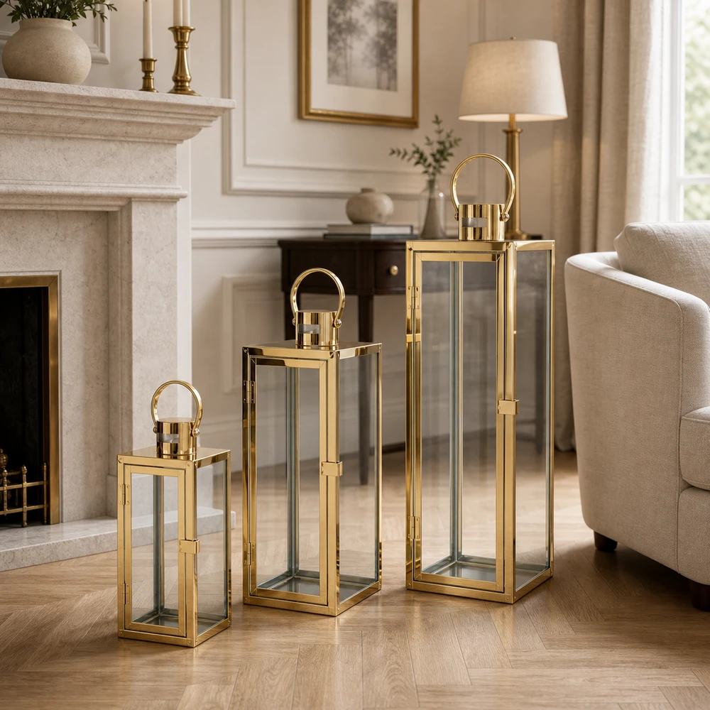 Lampiony Złote Dekoracyjne do Salonu - Zestaw 3 sztuk Duży Średni i Mały - obrazek 11