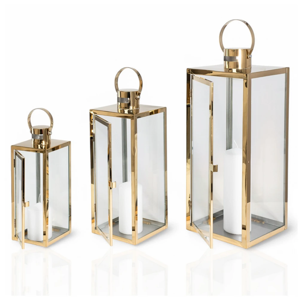 Lampiony Złote Dekoracyjne do Salonu - Zestaw 3 sztuk Duży Średni i Mały