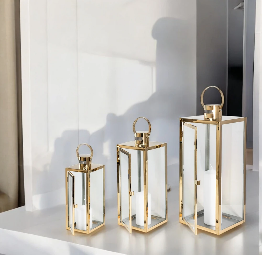 Lampiony Złote Dekoracyjne do Salonu - Zestaw 3 sztuk Duży Średni i Mały - obrazek 2