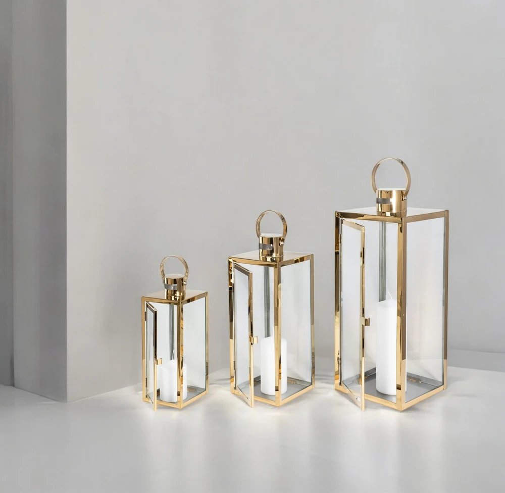 Lampiony Złote Dekoracyjne do Salonu - Zestaw 3 sztuk Duży Średni i Mały - obrazek 14