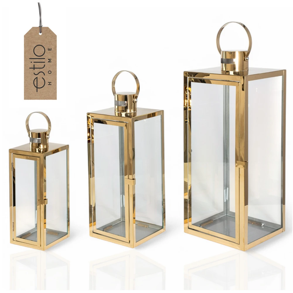 Lampiony Złote Dekoracyjne do Salonu - Zestaw 3 sztuk Duży Średni i Mały - obrazek 5