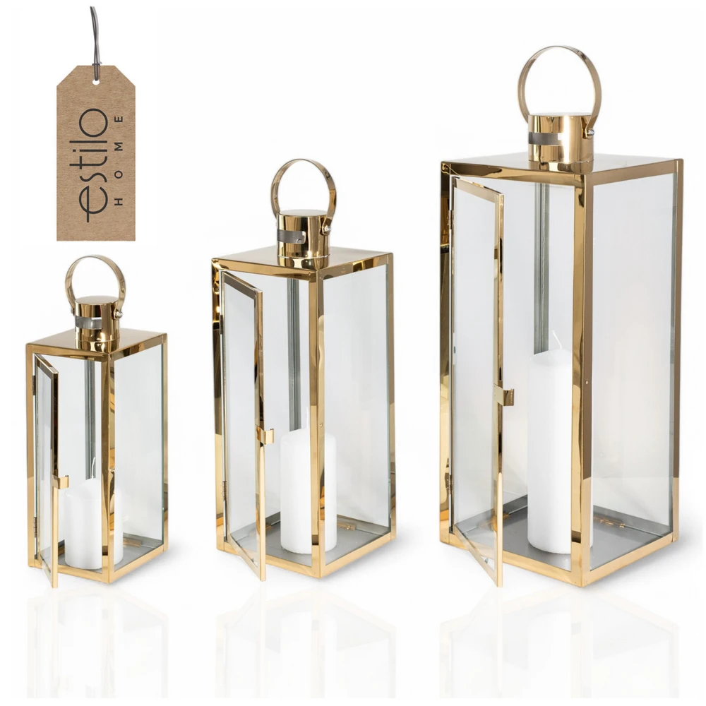 Lampiony Złote Dekoracyjne do Salonu - Zestaw 3 sztuk Duży Średni i Mały - obrazek 4