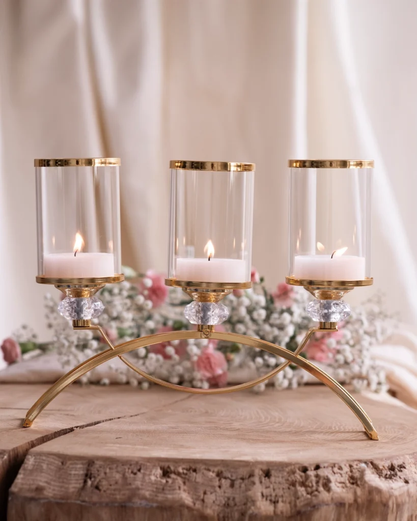 Potrójny świecznik złoty glamour połysk szkło i metal