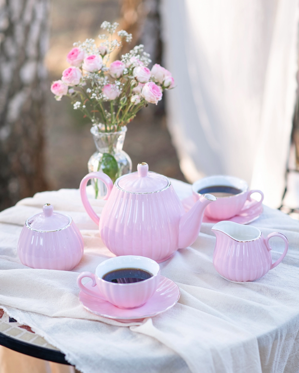 Serwis Zestaw Kawowy Porcelanowy Elegancki Różowy na 6 Osób