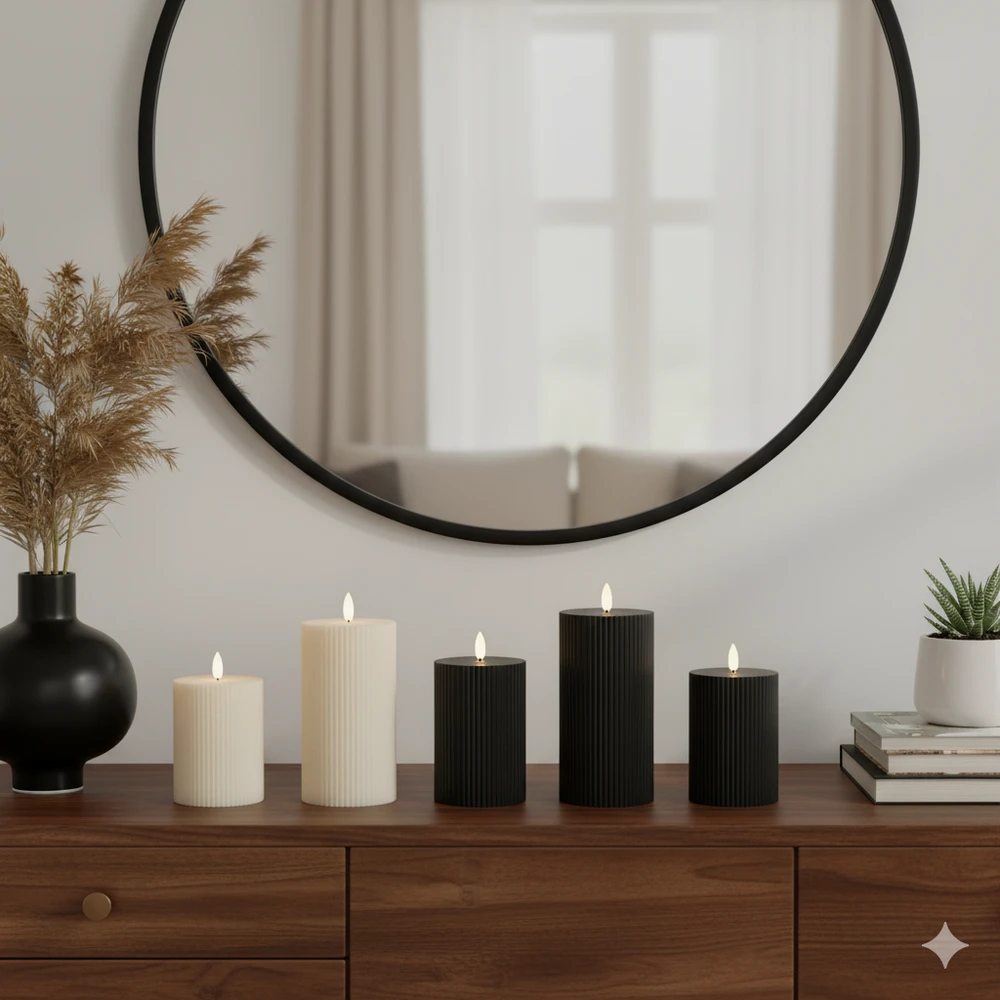 Świeczka LED Ozdobna Czarna, Dekoracyjne Żłobienia, Średnica 7,5cm Wysokość 10cm - obrazek 15