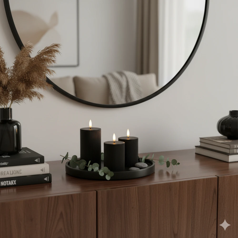 Świeczka LED Ozdobna Czarna, Dekoracyjne Żłobienia, Średnica 7,5cm Wysokość 10cm - obrazek 2