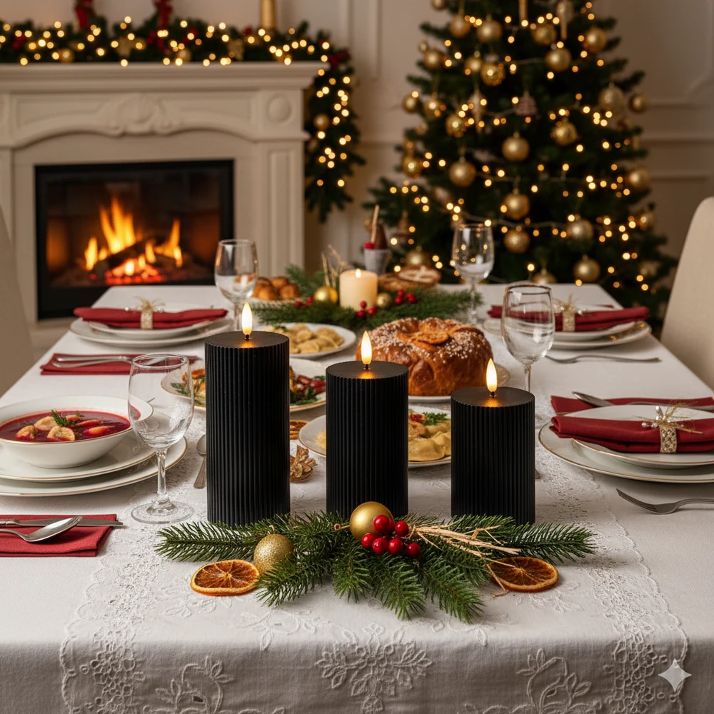 Świeczka LED Ozdobna Czarna, Dekoracyjne Żłobienia, Średnica 7,5cm Wysokość 10cm - obrazek 5