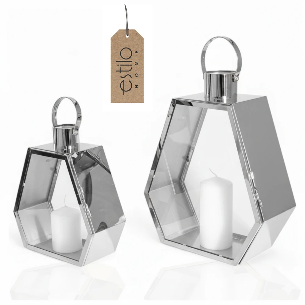 Lampiony Srebrne Chrom Dekoracyjne do Salonu Sześciokątne Palace - Zestaw 2 szt