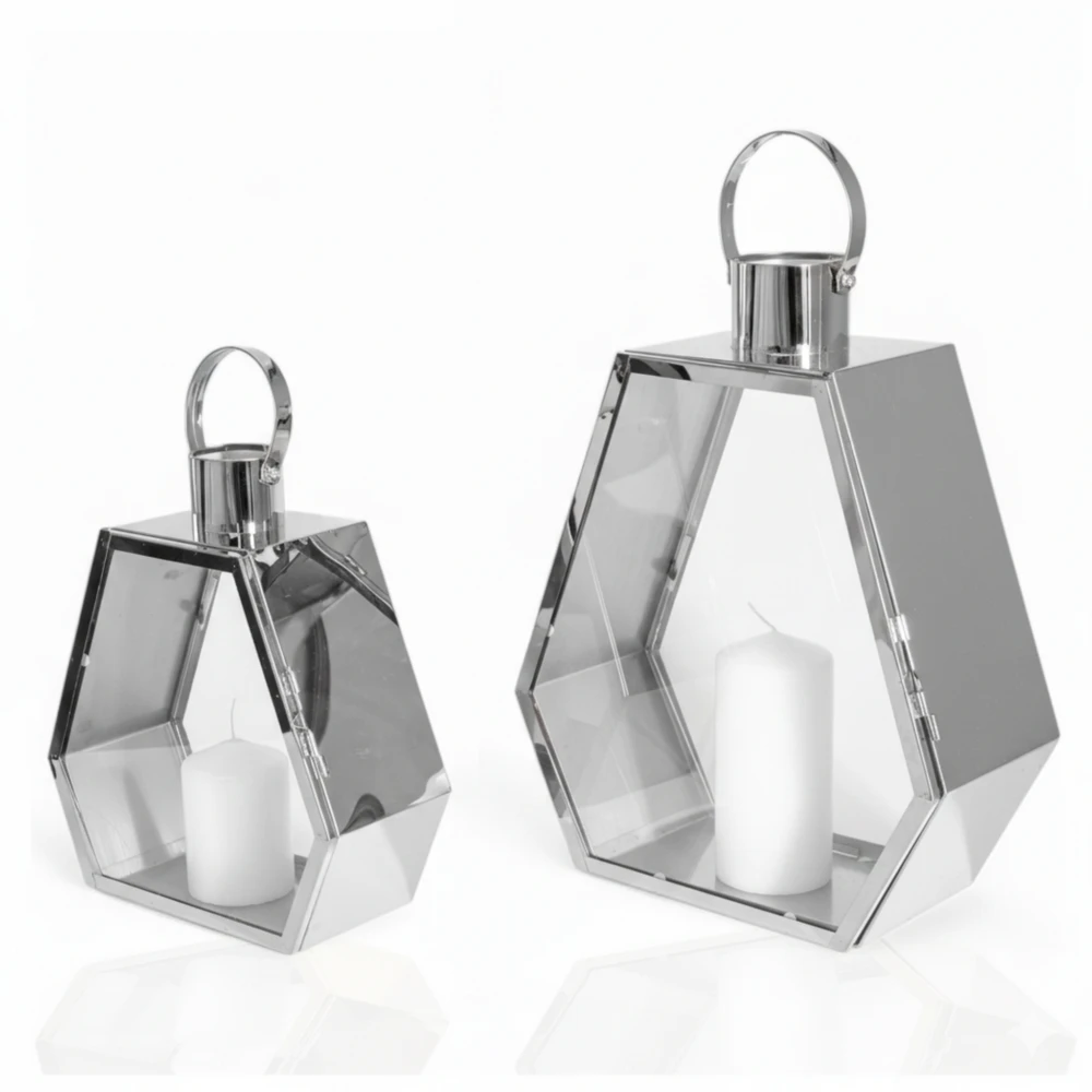 Lampiony Srebrne Chrom Dekoracyjne do Salonu Sześciokątne Palace - Zestaw 2 szt - obrazek 10