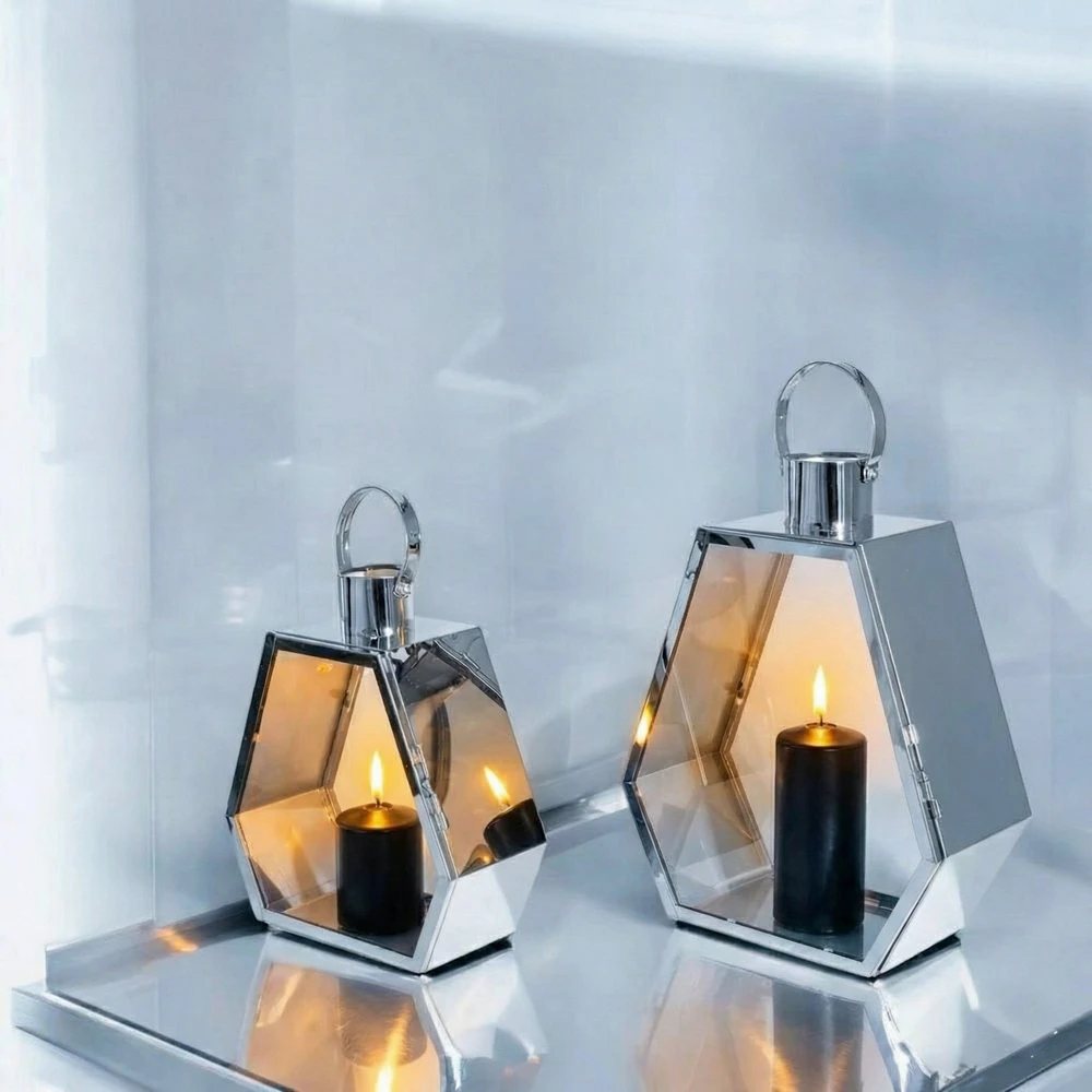 Lampion Srebrny Palace 34 cm Chrom Dekoracyjny do Salonu Sześciokątny - obrazek 7