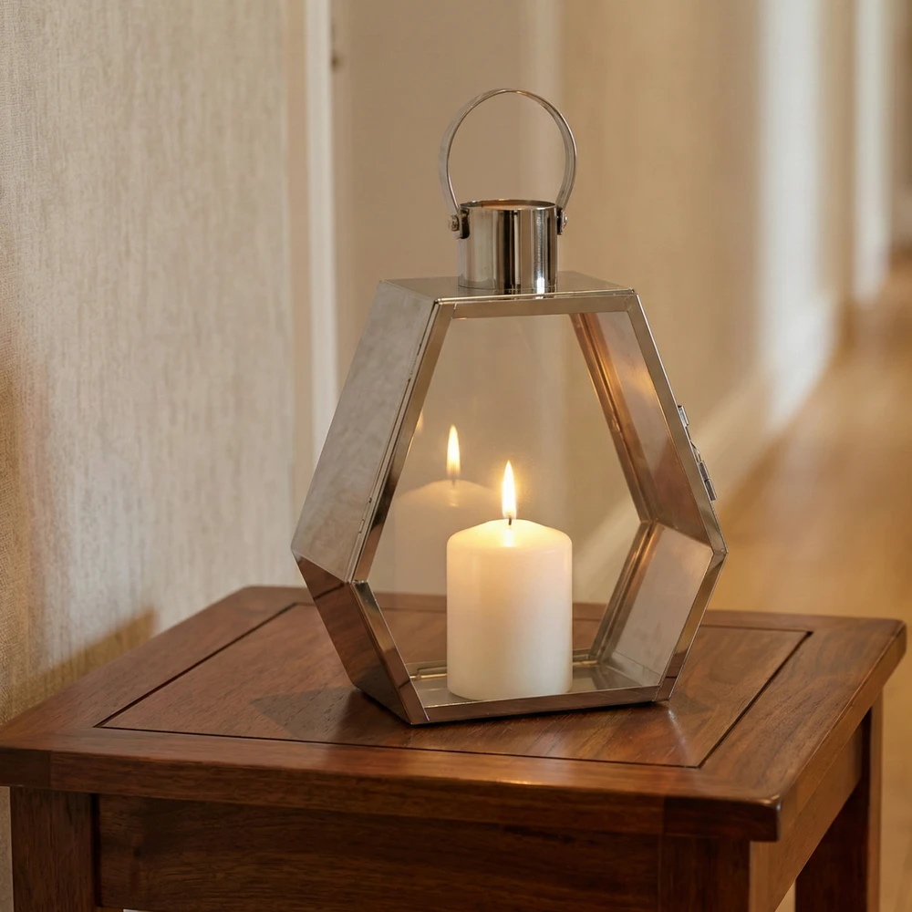 Lampion Srebrny Palace 34 cm Chrom Dekoracyjny do Salonu Sześciokątny - obrazek 2