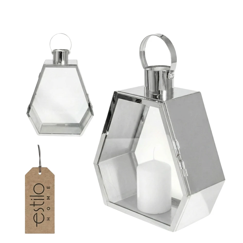 Lampion Srebrny Palace 34 cm Chrom Dekoracyjny do Salonu Sześciokątny