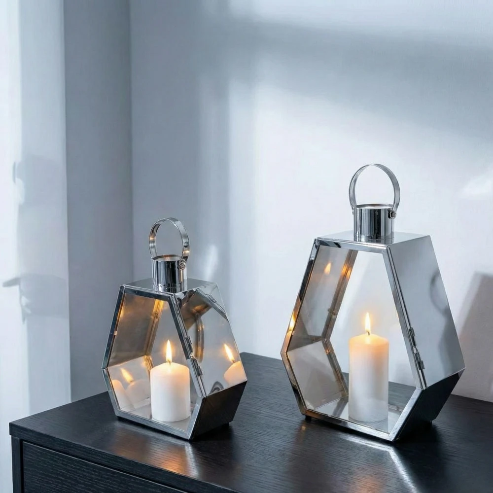 Lampion Srebrny Palace 34 cm Chrom Dekoracyjny do Salonu Sześciokątny - obrazek 8