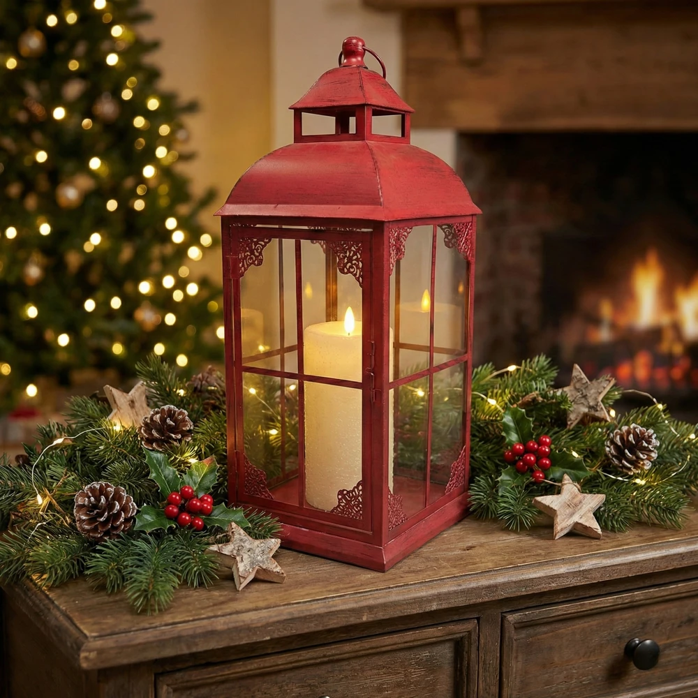 Lampion Czerwony 56 cm Rustykalny Dekoracyjny Świąteczny Duży - obrazek 8