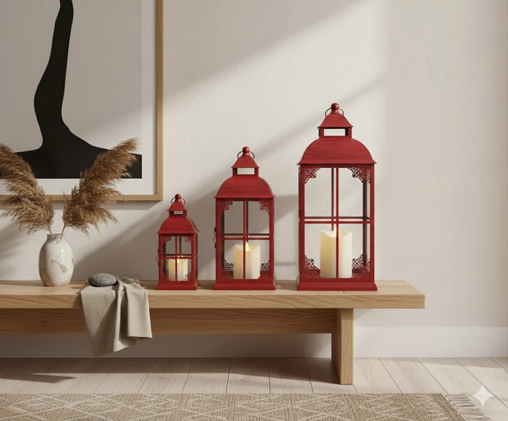 Lampion Czerwony - Zestaw 3 Sztuk Lampionów w Stylu Rustykalnym Retro Komplet - obrazek 10