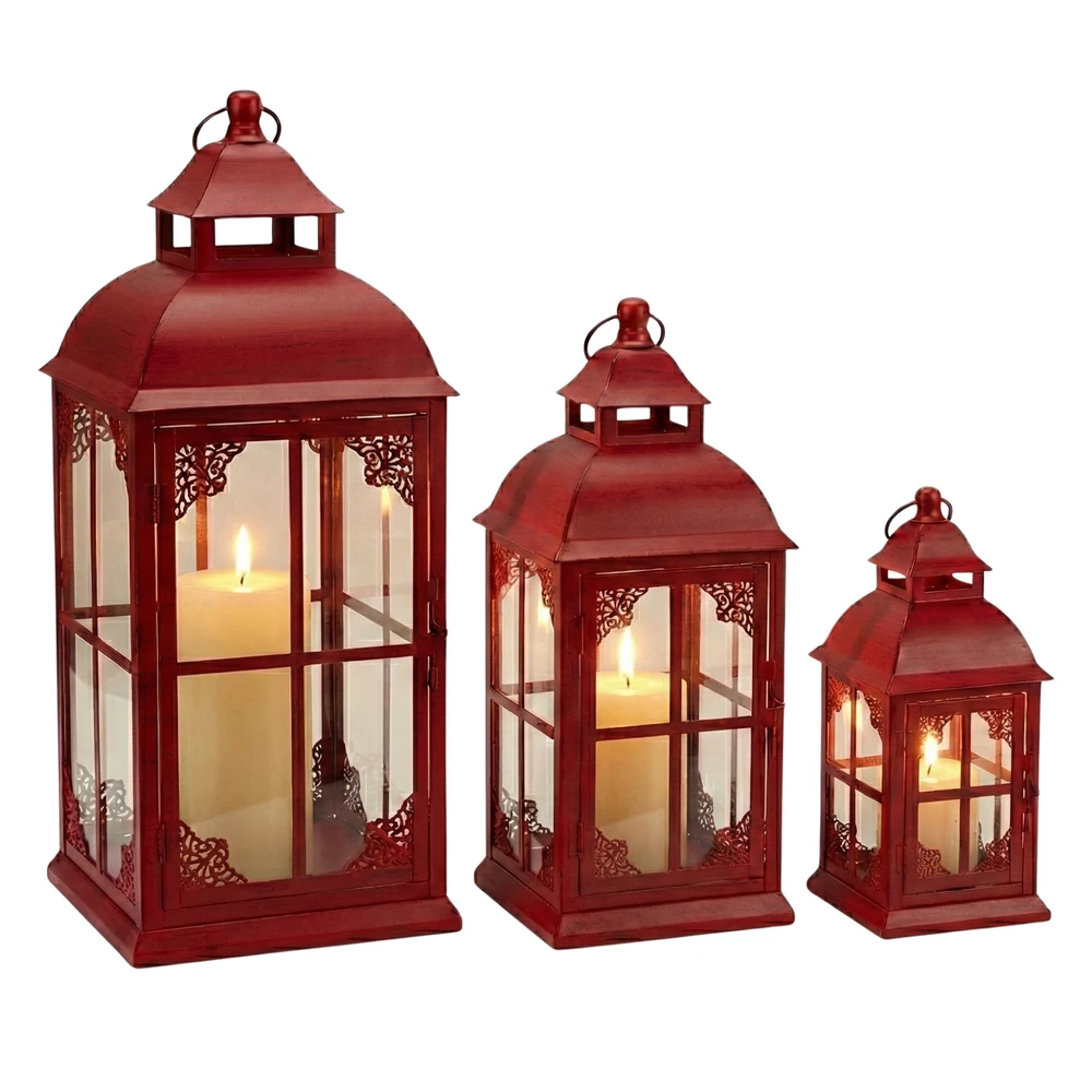 Lampion Czerwony - Zestaw 3 Sztuk Lampionów w Stylu Rustykalnym Retro Komplet - obrazek 4