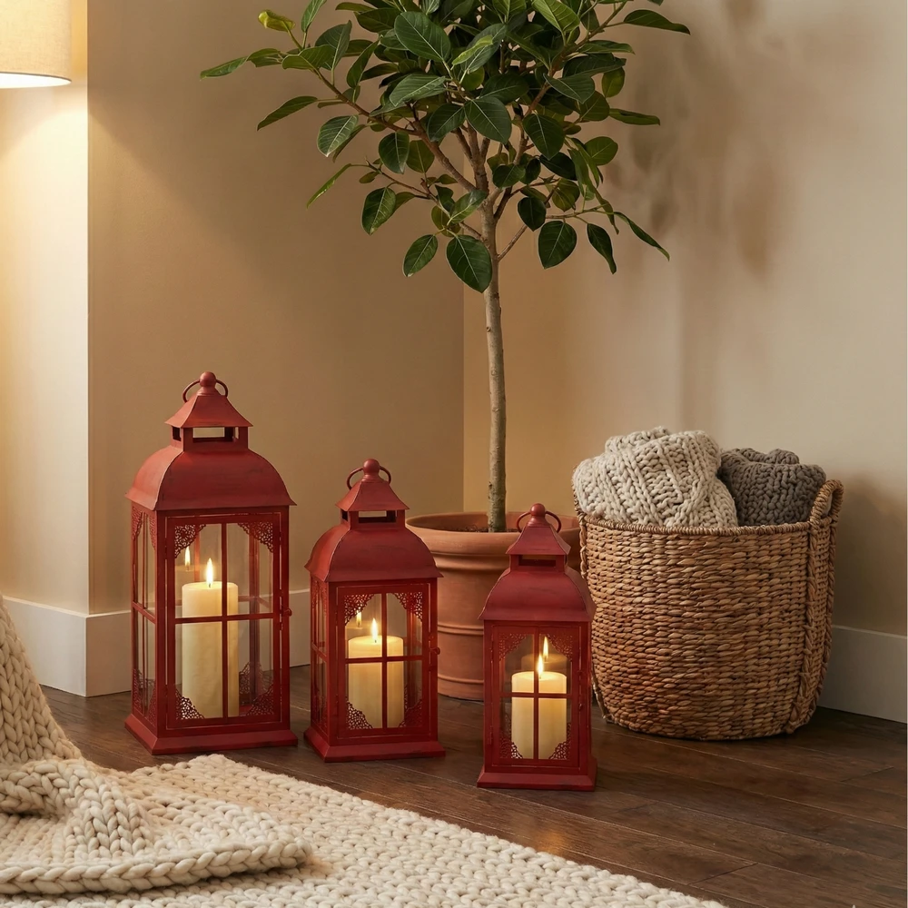 Lampion Czerwony - Zestaw 3 Sztuk Lampionów w Stylu Rustykalnym Retro Komplet - obrazek 9