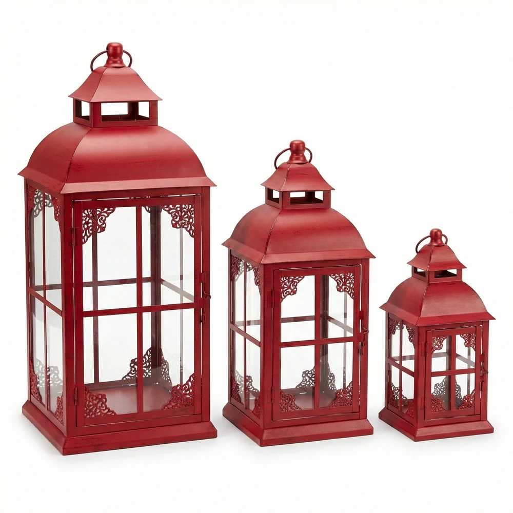 Lampion Czerwony - Zestaw 3 Sztuk Lampionów w Stylu Rustykalnym Retro Komplet