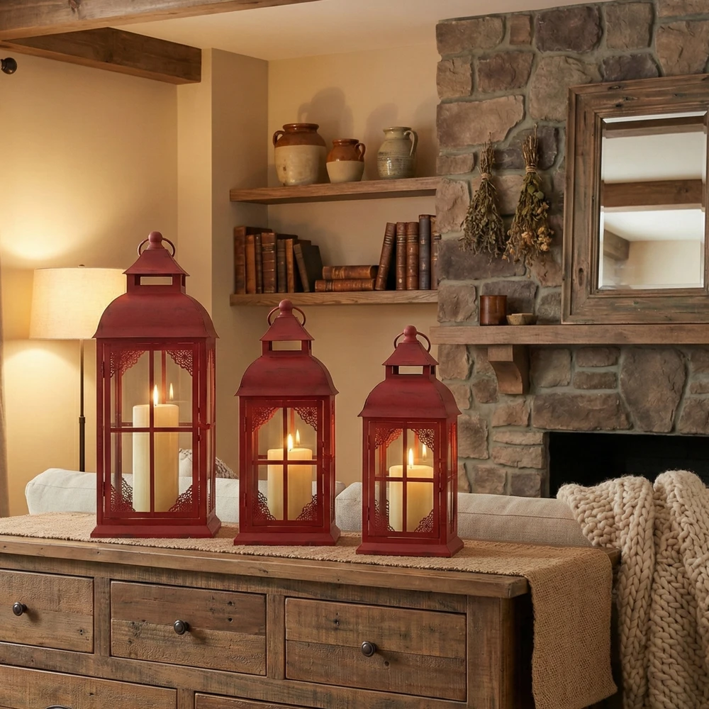 Lampion Czerwony - Zestaw 3 Sztuk Lampionów w Stylu Rustykalnym Retro Komplet - obrazek 8