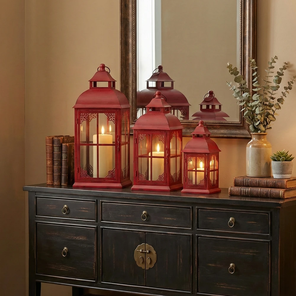 Lampion Czerwony - Zestaw 3 Sztuk Lampionów w Stylu Rustykalnym Retro Komplet - obrazek 7