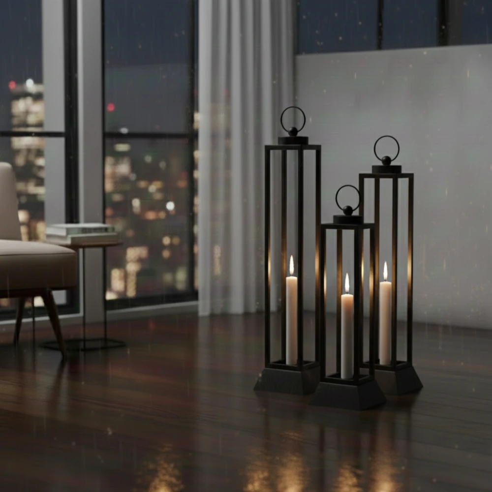 Czarny Lampion Metalowy HALL S – Nowoczesna Latarnia na Wysokie Świece 34 cm - obrazek 12