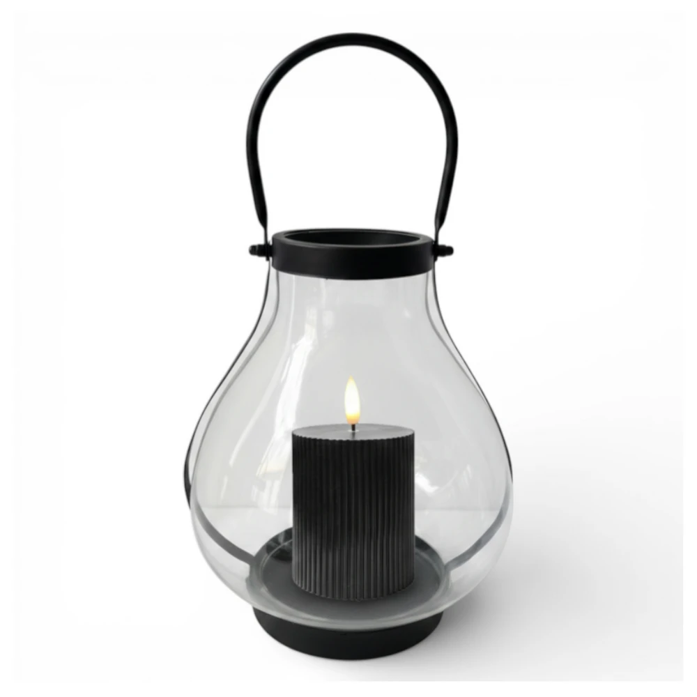 Szklany Lampion GLASSY 25 cm – Nowoczesna Latarnia, Świecznik z Metalowym Uchwytem