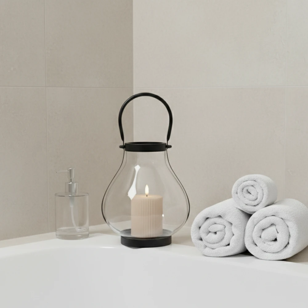 Szklany Lampion GLASSY 25 cm – Nowoczesna Latarnia, Świecznik z Metalowym Uchwytem - obrazek 7