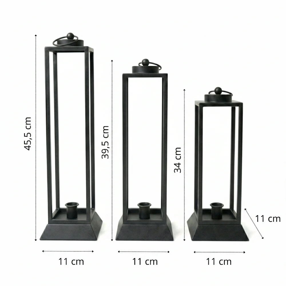 Czarny Lampion Metalowy HALL - Zestaw 3 Sztuk Lampionów na Wysokie Świece - obrazek 3