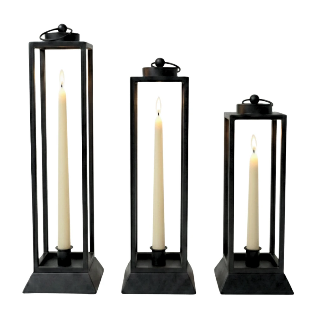 Czarny Lampion Metalowy HALL - Zestaw 3 Sztuk Lampionów na Wysokie Świece