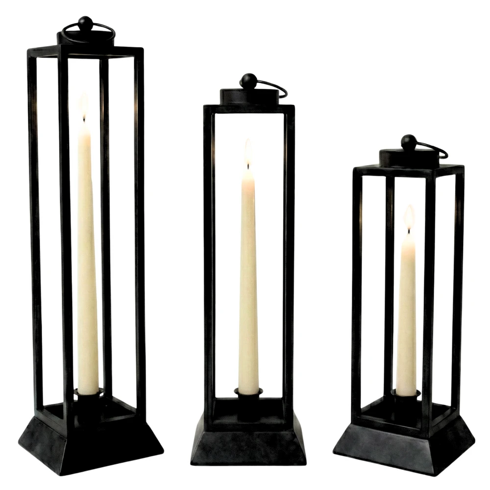 Czarny Lampion Metalowy HALL - Zestaw 3 Sztuk Lampionów na Wysokie Świece - obrazek 4