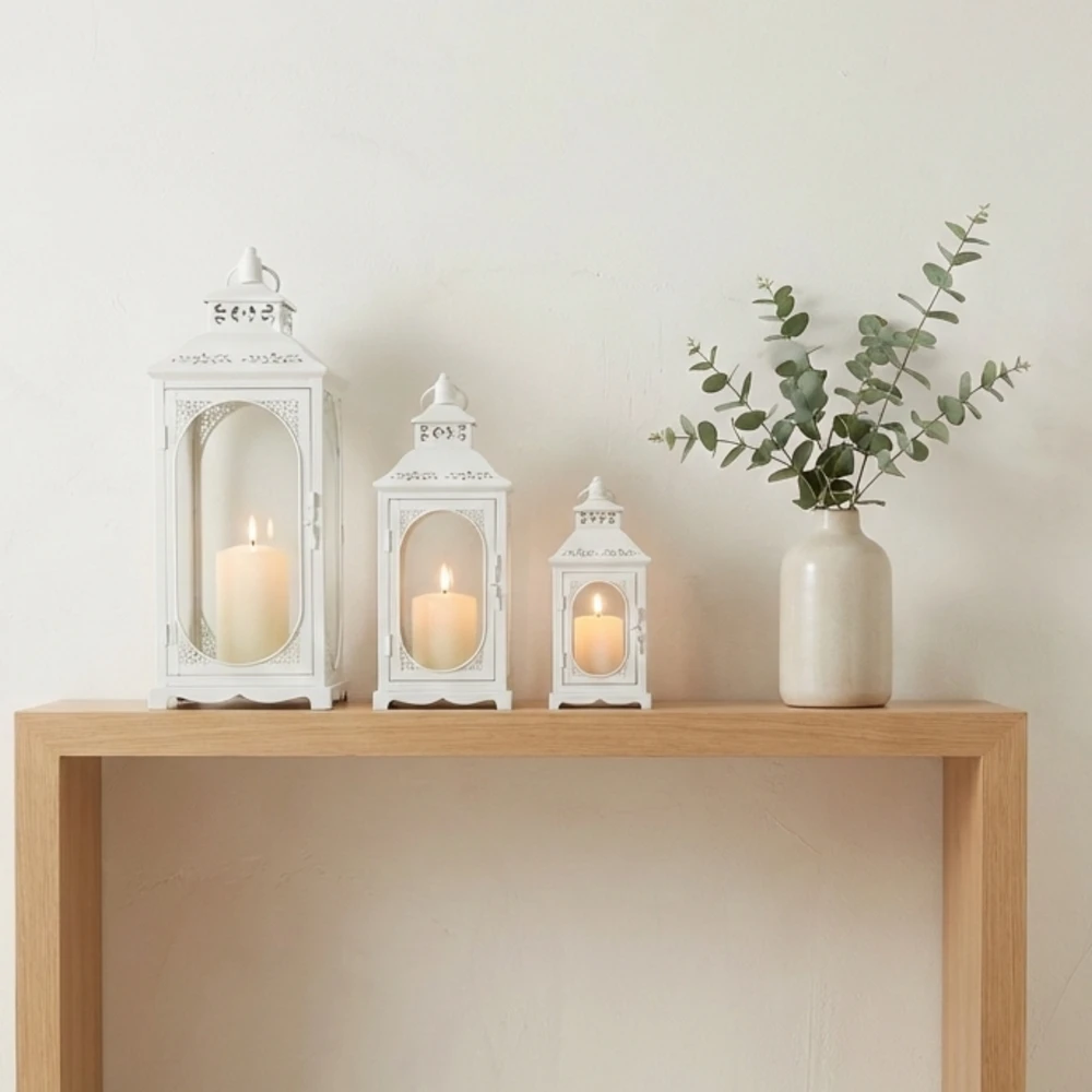 Lampion Dekoracyjny Biały - Zestaw 3 szt - Metalowe Latarnie Boho Komplet 3 szt. - obrazek 9