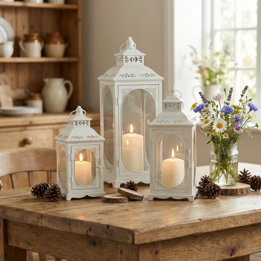 Lampion Dekoracyjny Biały - Zestaw 3 szt - Metalowe Latarnie Boho Komplet 3 szt. - obrazek 8