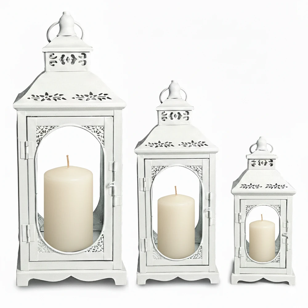 Lampion Dekoracyjny Biały - Zestaw 3 szt - Metalowe Latarnie Boho Komplet 3 szt. - obrazek 4