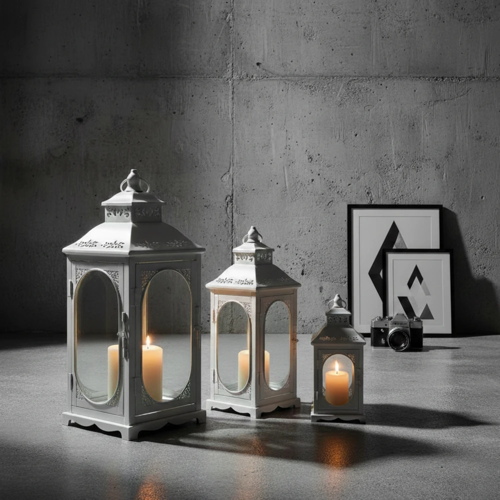 Lampion Dekoracyjny Biały - Zestaw 3 szt - Metalowe Latarnie Boho Komplet 3 szt. - obrazek 5