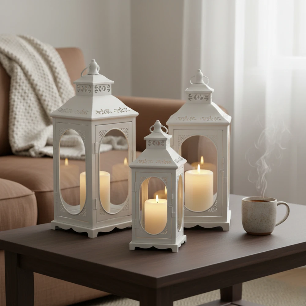 Lampion Dekoracyjny Biały - Zestaw 3 szt - Metalowe Latarnie Boho Komplet 3 szt. - obrazek 6