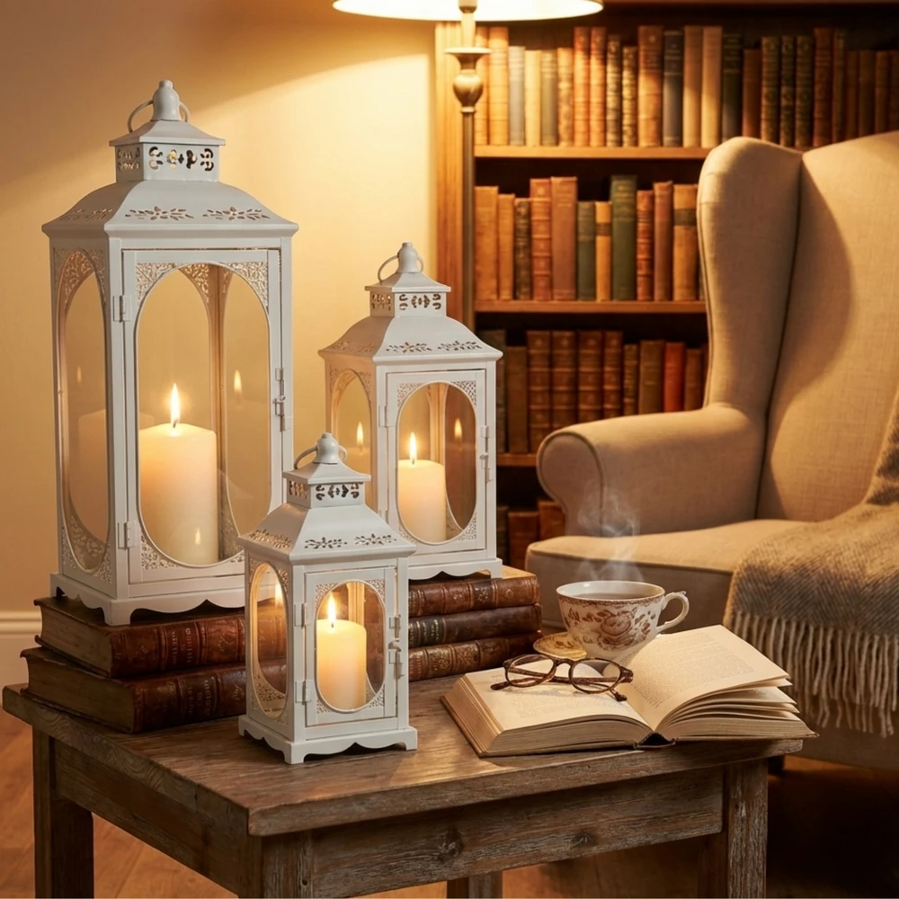Lampion Dekoracyjny Biały - Zestaw 3 szt - Metalowe Latarnie Boho Komplet 3 szt. - obrazek 10