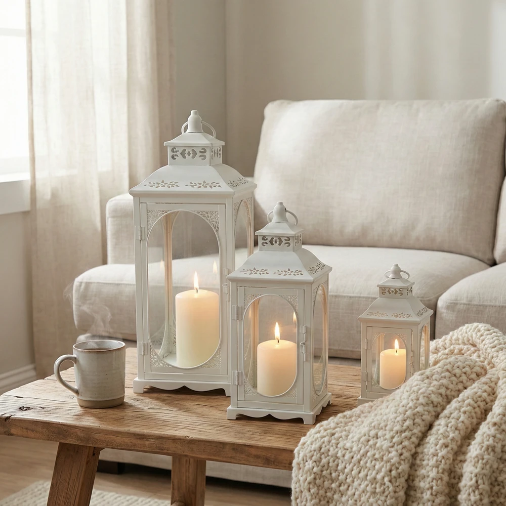 Lampion Dekoracyjny Biały - Zestaw 3 szt - Metalowe Latarnie Boho Komplet 3 szt. - obrazek 11