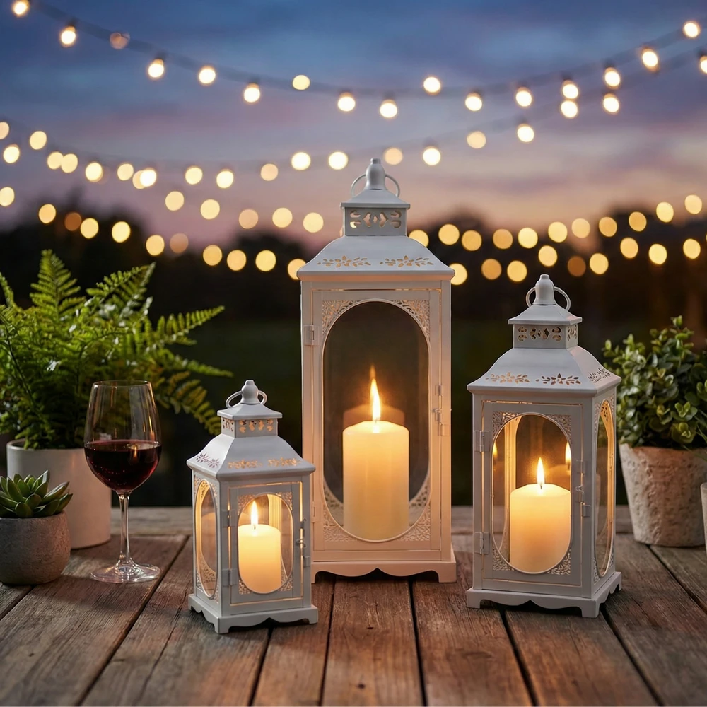Lampion Dekoracyjny Biały - Zestaw 3 szt - Metalowe Latarnie Boho Komplet 3 szt. - obrazek 12