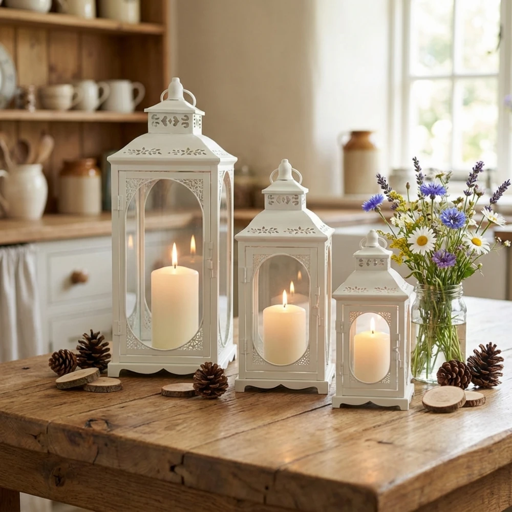 Lampion Dekoracyjny Biały - Zestaw 3 szt - Metalowe Latarnie Boho Komplet 3 szt. - obrazek 2
