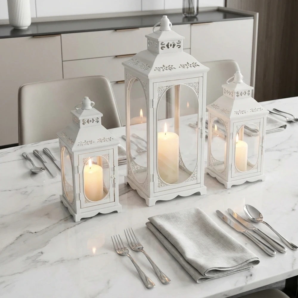 Lampion Dekoracyjny Biały - Zestaw 3 szt - Metalowe Latarnie Boho Komplet 3 szt. - obrazek 15