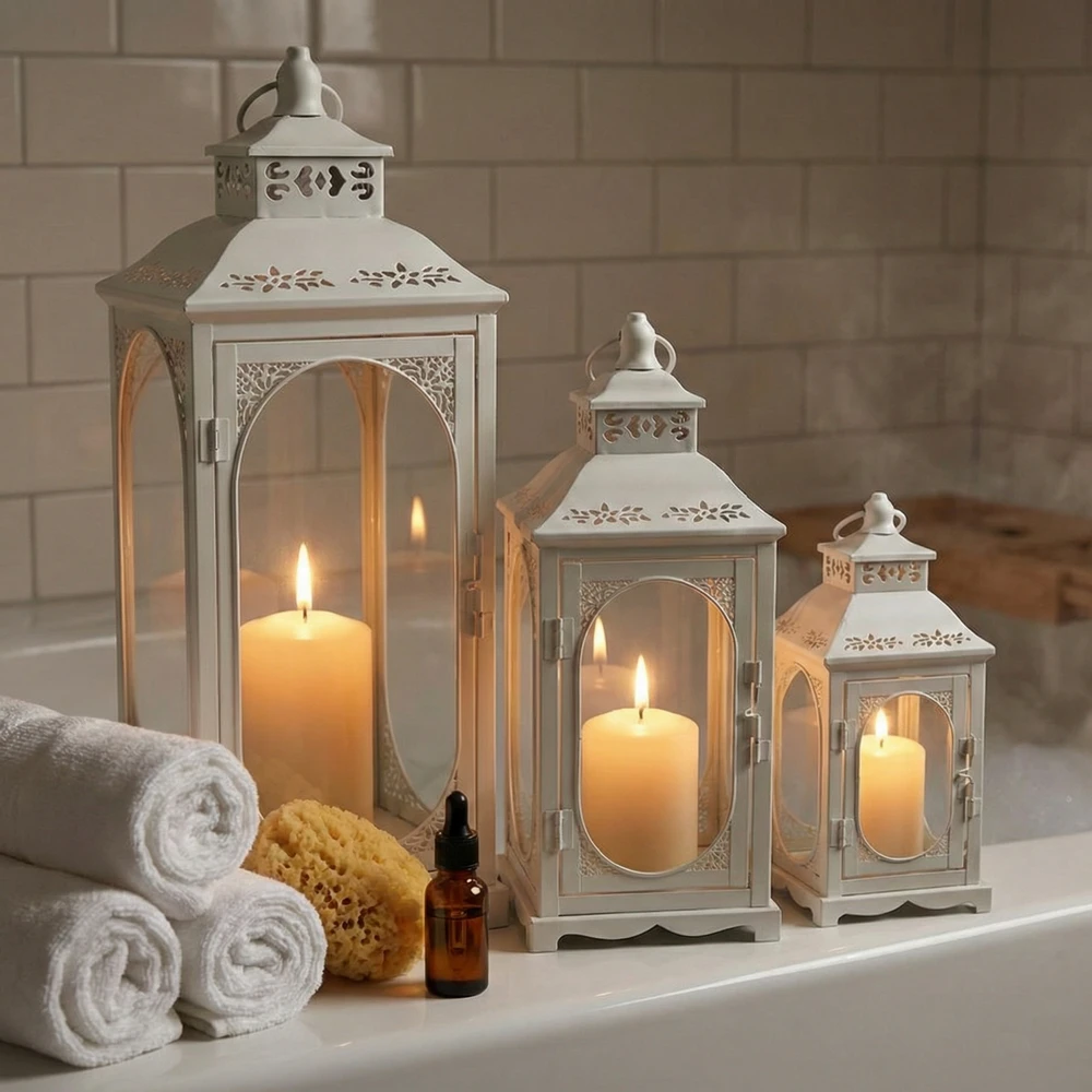 Lampion Dekoracyjny Biały - Zestaw 3 szt - Metalowe Latarnie Boho Komplet 3 szt. - obrazek 16