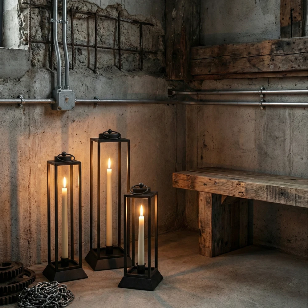 Czarny Lampion Metalowy HALL - Zestaw 3 Sztuk Lampionów na Wysokie Świece - obrazek 7