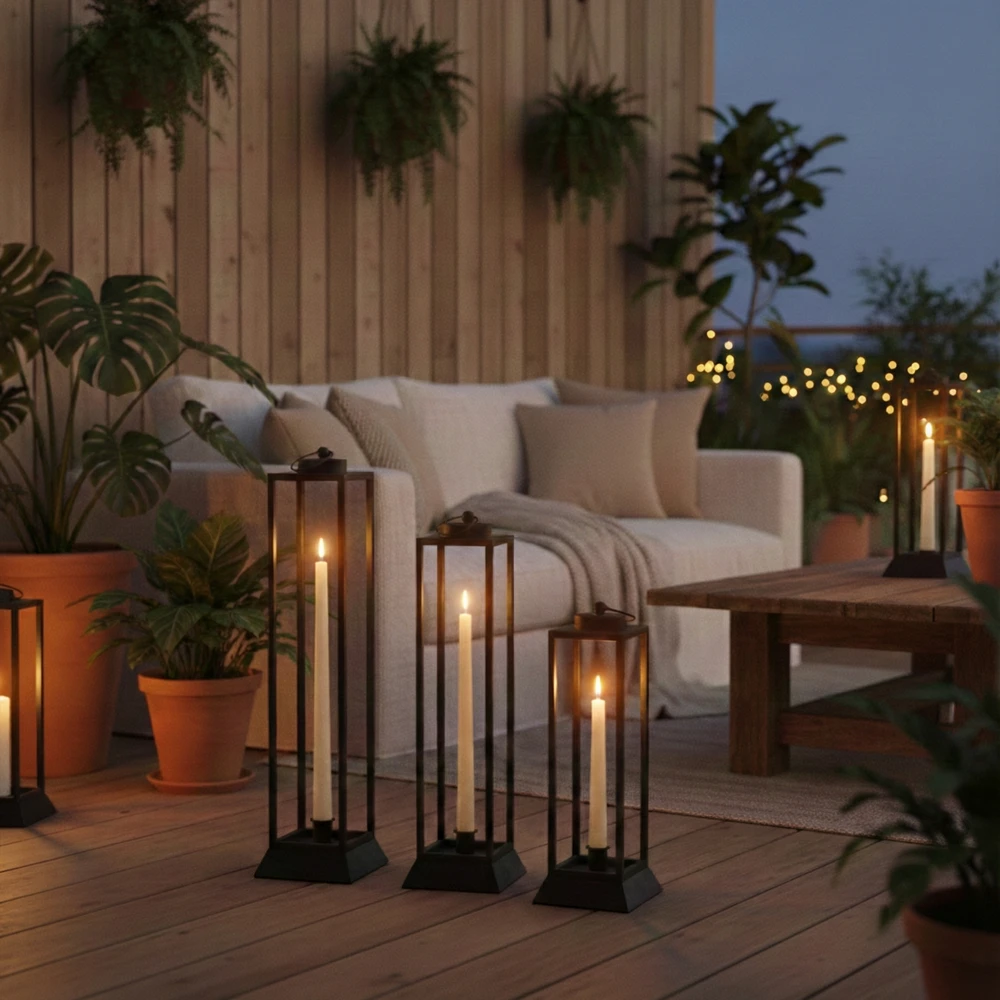 Czarny Lampion Metalowy HALL - Zestaw 3 Sztuk Lampionów na Wysokie Świece - obrazek 11