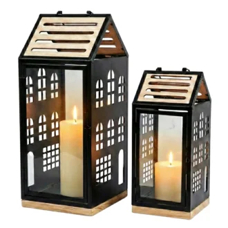 Lampiony Domek Zestaw 2 szt – Komplet Latarni Dekoracyjnych 34 cm i 48 cm